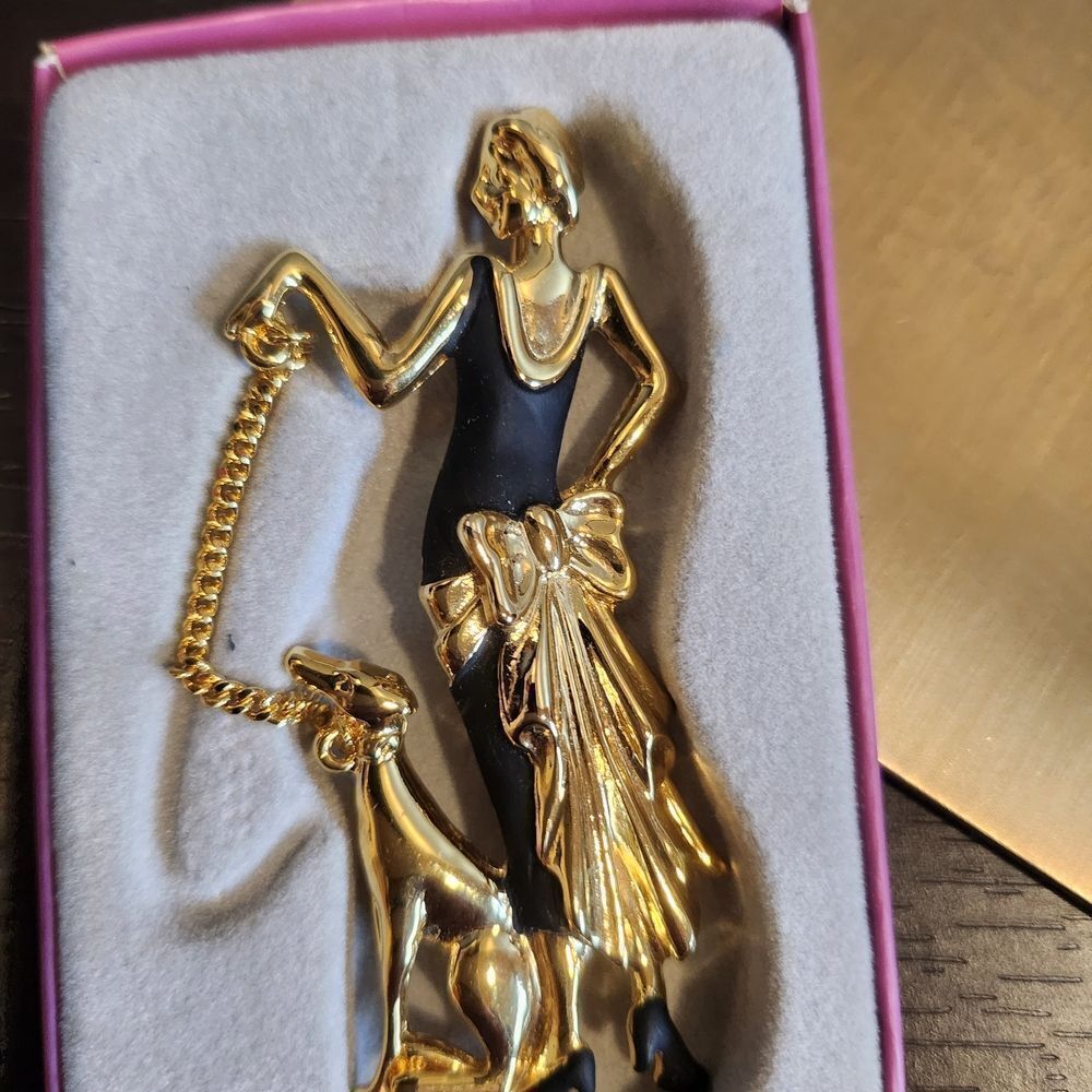 Gold and Black Woman with Dog Brooch Pin - Elegant Fashion Jewelry